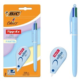 Conjunto Bic 4 Cores Pastel com 1 Caneta Esferográfica Retrátil em 4 Cores + Corretivo Líquido Tipp-Ex Mini Pocket Mouse Pastel 