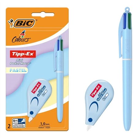 Conjunto Bic 4 Cores Pastel com 1 Caneta Esferográfica Retrátil em 4 Cores + Corretivo Líquido Tipp-Ex Mini Pocket Mouse Pastel 