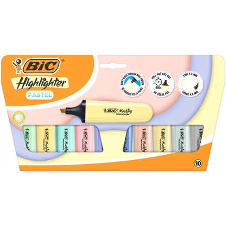 Conjunto de 10 Marcadores Fluorescentes Bic com Ponta Chanfrada - Espessura da Linha entre 1,20 e 4,60 mm - Tinta à Base de Água
