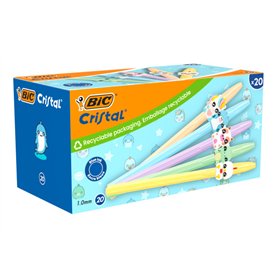 Conjunto de 20 canetas esferográficas Bic Cristal Pastel Figurines - Corpo opaco em cores pastel com figuras de animais - Ponta 