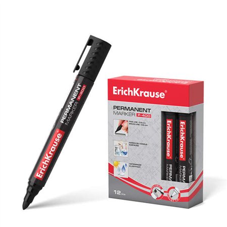 Marcador permanente Erichkrause P-400 - Ponta redonda - Resistente a múltiplas superfícies - Preto