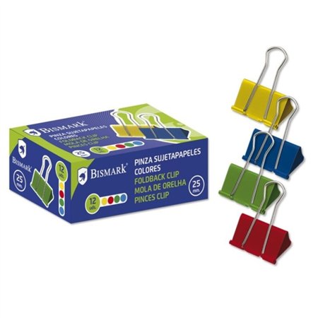 Conjunto de 12 Clips de Papel Metálicos Bismark 25mm - Lâmina Dobrável - Cores Sortidas