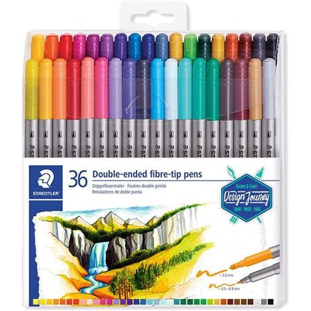 Staedtler 3200 - Pacote com 36 Marcadores de Ponta Dupla - Resistentes à Pressão - Cores Sortidas