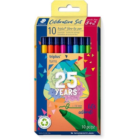 Marcadores Staedtler Triplus Color 323 - Pacote com 10 unidades - Espessura da linha de aproximadamente 1 mm - Tinta que não sec