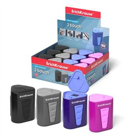Apontador de lápis Erichkrause 3-Touch de plástico com recipiente e tampa - Recipiente grande para aparas - Bordas de borracha a