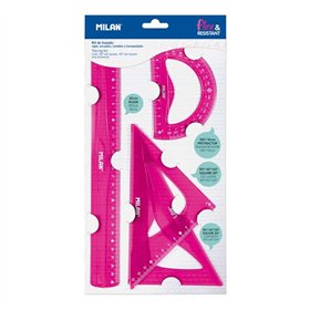 Conjunto Milan com 4 réguas flexíveis e duráveis - régua, esquadro, triângulo e transferidor - Rosa