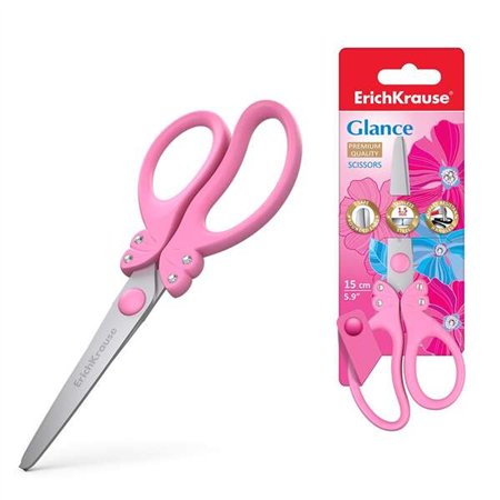 Tesoura Erichkrause Glance com lâminas de aço inoxidável de 15 cm - Pontas arredondadas - Cabos ergonômicos - Cores sortidas: ro