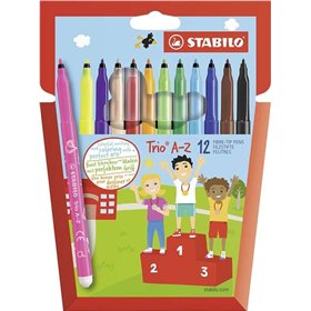 Kit Stabilo Trio AZ com 12 Canetas de Fibra de Ponta Fina - Espessura da Linha 0,7mm - Tinta Super Lavável - Formato Triangular 