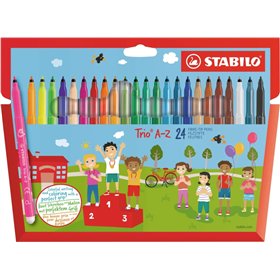 Conjunto Stabilo Trio AZ com 24 canetas de fibra de ponta fina - Espessura da linha de 0,7 mm - Tinta lavável - Área de pega tri