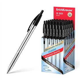 Caneta esferográfica retrátil ErichKrause R-301 Matic 1,0 mm - Tinta de secagem rápida - Corpo transparente - Preta