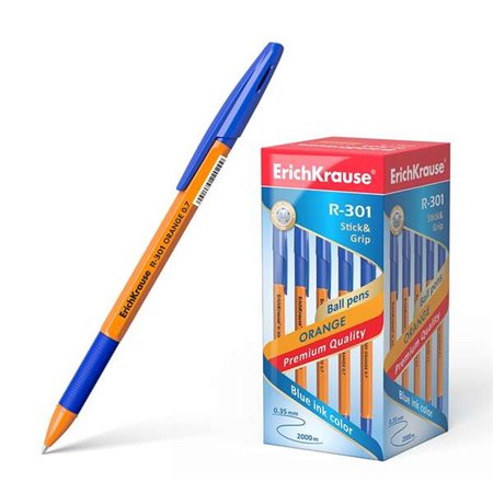 Caneta Esferográfica Erichkrause R-301 Stick&Grip - Corpo Hexagonal Laranja - Ponta 0,7mm - Tinta de Secagem Rápida - Azul