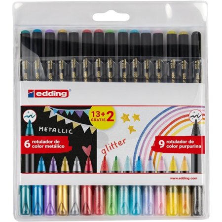 Edding 1200 - Conjunto de 15 Marcadores Metálicos e com Glitter - Ponta Redonda - Traço Metálico de 1 a 3 mm, Traço com Glitter 
