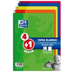 Pacote Oxford com 4+1 Cadernos Espirais, Formato Fólio, Quadriculado 4x4mm - 80 Folhas - Capa Flexível - Cores Sortidas