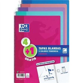 Pacote Oxford com 4+1 Cadernos Espirais, Formato Fólio, Quadriculado 4x4mm - 80 Folhas - Capa Flexível - Cores Variadas e Modern