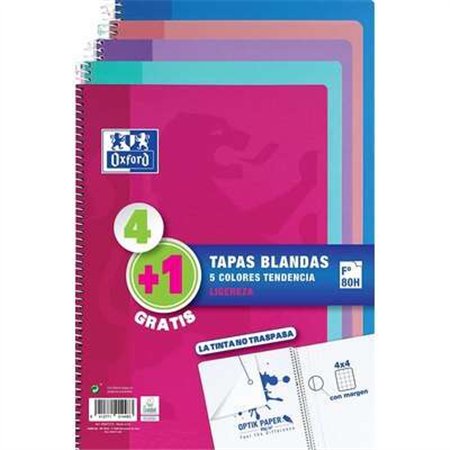 Pacote Oxford com 4+1 Cadernos Espirais, Formato Fólio, Quadriculado 4x4mm - 80 Folhas - Capa Flexível - Cores Variadas e Modern