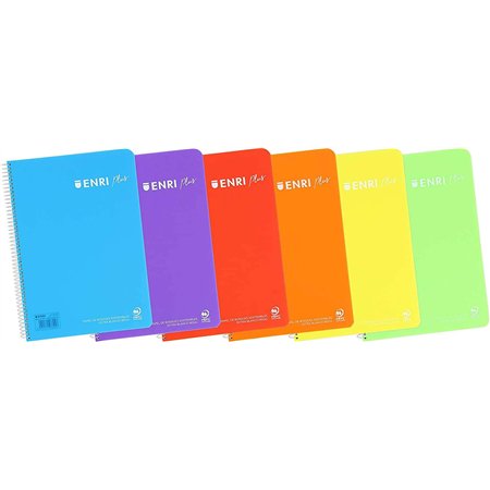 Caderno espiral Enri Plus, formato fólio, 1 linha - 80 folhas, papel de 90 g/m² com margem - capa plástica - cores sortidas