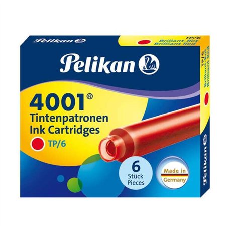 Caixa com 6 cartuchos Pelikan 4001 TP/6 - Compatíveis com canetas-tinteiro Pelikan 4001 - Vermelho