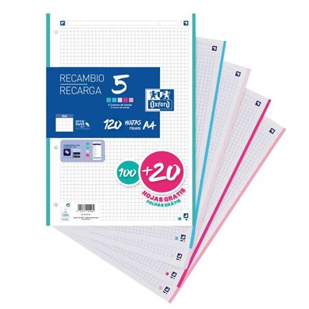 Papel Oxford 5 para recarga, formato A4, quadriculado 5x5mm, 4 furos - 100 folhas + 20 grátis - 5 faixas de cores pastel