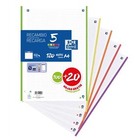 Pacote de Refil Oxford 5 com 120 Folhas, Formato A4, Quadriculado 5x5mm, 4 Furos - Conjunto de 5 Cores Vibrantes