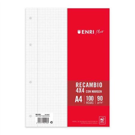 Papel para recarga Enri Plus, formato A4 - quadriculado 4x4mm, 4 furos - 100 folhas, 90 g/m², com margem.