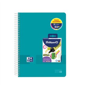 Conjunto de 8 cadernos espiral Oxford Europeanbook Live & Go tamanho A4+, 160 folhas, quadriculado 5x5 + 4 marcadores Pelikan Te