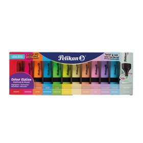 Conjunto de 12 marcadores Pelikan Textmarker 490 em tons pastel e fluorescentes neon - à base de água - base organizadora de mes