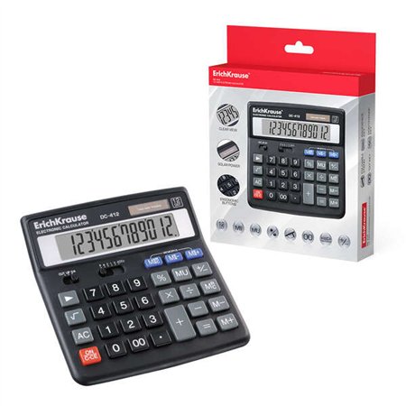 Calculadora de mesa Erichkrause DC-412 - Visor LCD de 12 dígitos - Memória dupla - Funções de cálculo avançadas - Preta