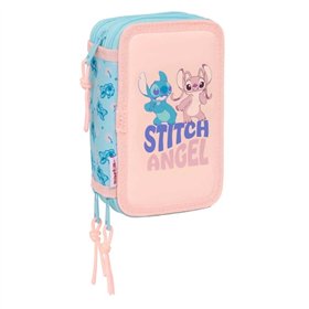 Estojo Safta Stitch Ohana de 3 Compartimentos - 37 Peças - 1,3L - Borracha - Lápis - Canetas - Apontador - Réguas - 16 Cores - 1