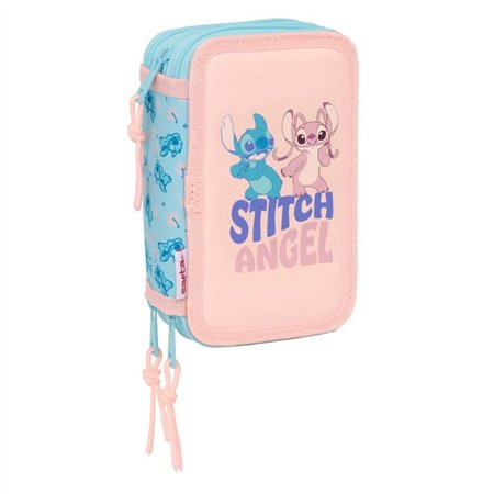 Estojo Safta Stitch Ohana de 3 Compartimentos - 37 Peças - 1,3L - Borracha - Lápis - Canetas - Apontador - Réguas - 16 Cores - 1