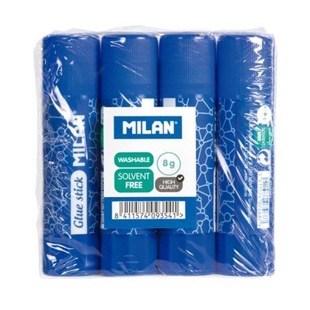 Pacote com 4 bastões de cola Milan de 8g - Multiuso - Multissuperfícies - Sem solvente - Uso escolar - Azul
