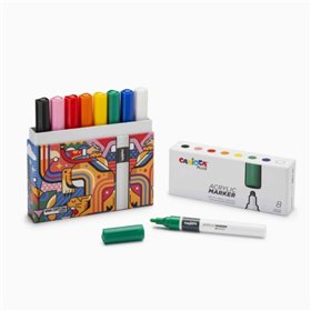 Conjunto de 8 Marcadores Acrílicos Carioca Plus em Caixa Rígida - Ponta de 2mm - Tinta Acrílica Super Pigmentada - Cores Sortida