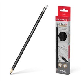 Lápis de grafite hexagonal Erichkrause Jet Black 101 HB com borracha - Resistente a impactos - Preto