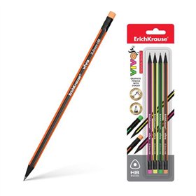Conjunto de 4 Lápis de Grafite HB Triangulares Erichkrause Vivo com Borracha Colorida - Madeira Selecionada - Resistente a Impac