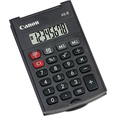 Calculadora de bolso Canon AS-8 com visor LCD de 8 dígitos - Com capa rígida dobrável - Alimentada por bateria - Cinza escuro