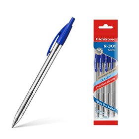 Pacote com 4 canetas automáticas Erichkrause R-301 Classic Matic 10 - Ponta padrão de 10 mm - Tinta de secagem rápida - Cor azul