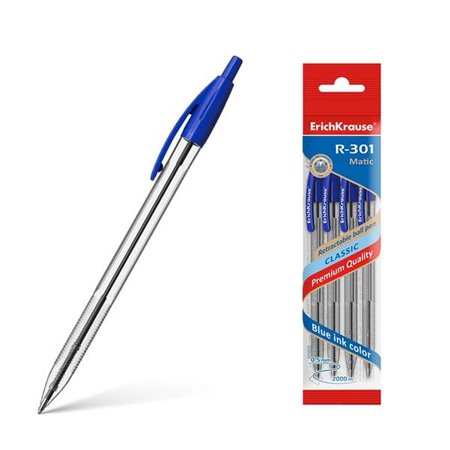 Pacote com 4 canetas automáticas Erichkrause R-301 Classic Matic 10 - Ponta padrão de 10 mm - Tinta de secagem rápida - Cor azul