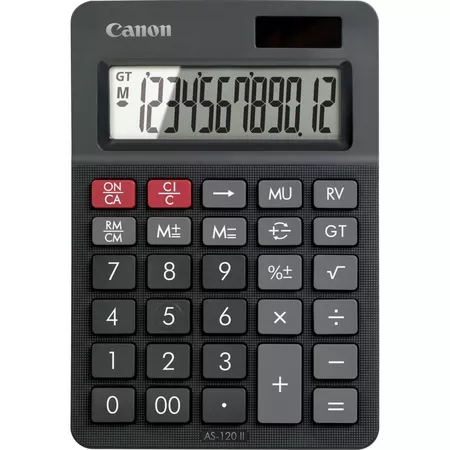 Calculadora de mesa Canon AS-120 II com visor LCD de 12 dígitos - Funções de discagem, inversão e memória para o total geral - A