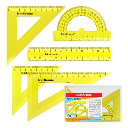 Conjunto de 5 réguas de desenho Erichkrause - Régua de 15 cm - Esquadros de 7 cm/45º, 9 cm/45º e 13 cm/60º - Transferidor de 180