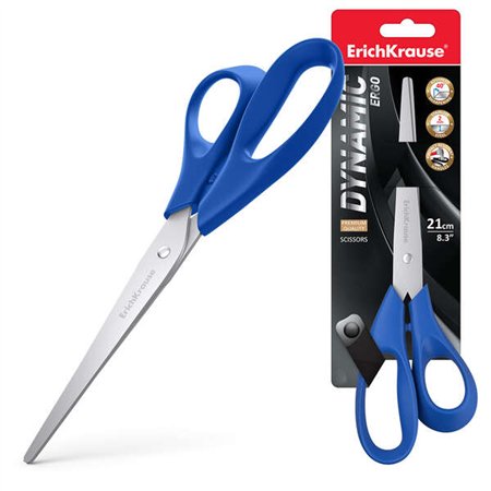Tesoura Erichkrause Dynamic em aço inoxidável 21cm - Afiação dupla avançada - Resistente à corrosão - Cabos ergonômicos - Cores 