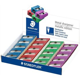 Apontador de lápis Staedtler em metal com lâmina metálica - Ângulo de apontamento de 23° - 1 furo - Cores sortidas