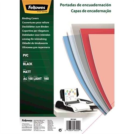 Pacote com 100 capas de encadernação Fellowes tamanho A4 em PVC - 180 mícrons - Acabamento de alta qualidade - Pretas