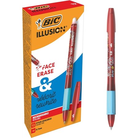 Caneta Esferográfica Apagável Bic Illusions - Ponta Média de 0,7 mm - Empunhadura Emborrachada - Recarregável - Vermelha