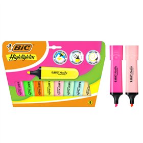 Conjunto de 8 Marcadores Fluorescentes Bic - Ponta Chanfrada - Espessura da Linha entre 1,20 e 4,60 mm - Tinta à Base de Água - 