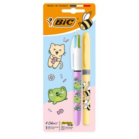 Kit Bic Decorações Kawaii com 4 cores, incluindo 1 caneta esferográfica retrátil pastel + 1 marcador de texto pastel com grip (c