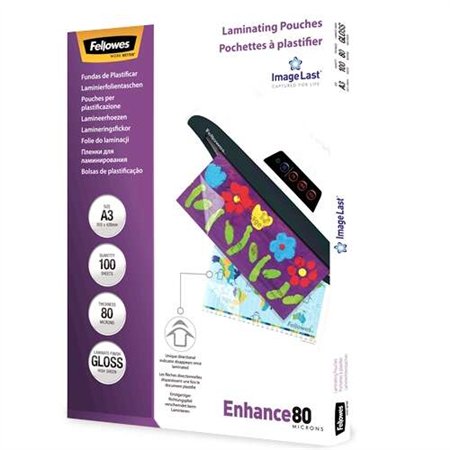 Pacote com 100 envelopes de laminação brilhantes Fellowes, tamanho A3 - 80 mícrons - Alta qualidade - Transparentes