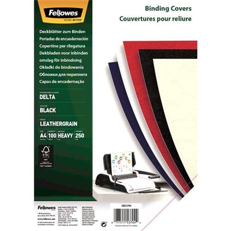 Pacote com 100 capas de papelão em couro sintético tamanho A4 da Fellowes, modelo Delta Leather - 250 g/m² - Pretas
