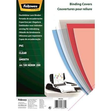Pacote com 100 capas de encadernação Fellowes em PVC tamanho A4 - 200 mícrons - Acabamento de alta qualidade - Transparentes