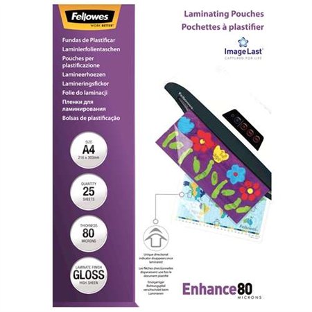 Pacote com 25 envelopes de laminação brilhantes Fellowes, tamanho A4 - 80 mícrons - Alta qualidade - Transparentes