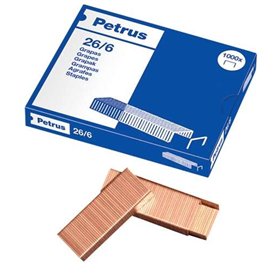 Caixa com 1000 grampos Petrus 26/6 revestidos de cobre - até 30 folhas - haste de 6 mm