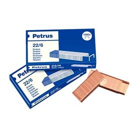 Caixa Petrus com 1.000 grampos 22/6 revestidos de cobre - até 30 folhas - haste de 6 mm